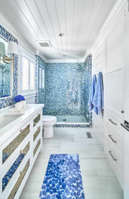 white-shiplap-ceiling-blue-tile-shower-beach-house-bathroom-interior-design